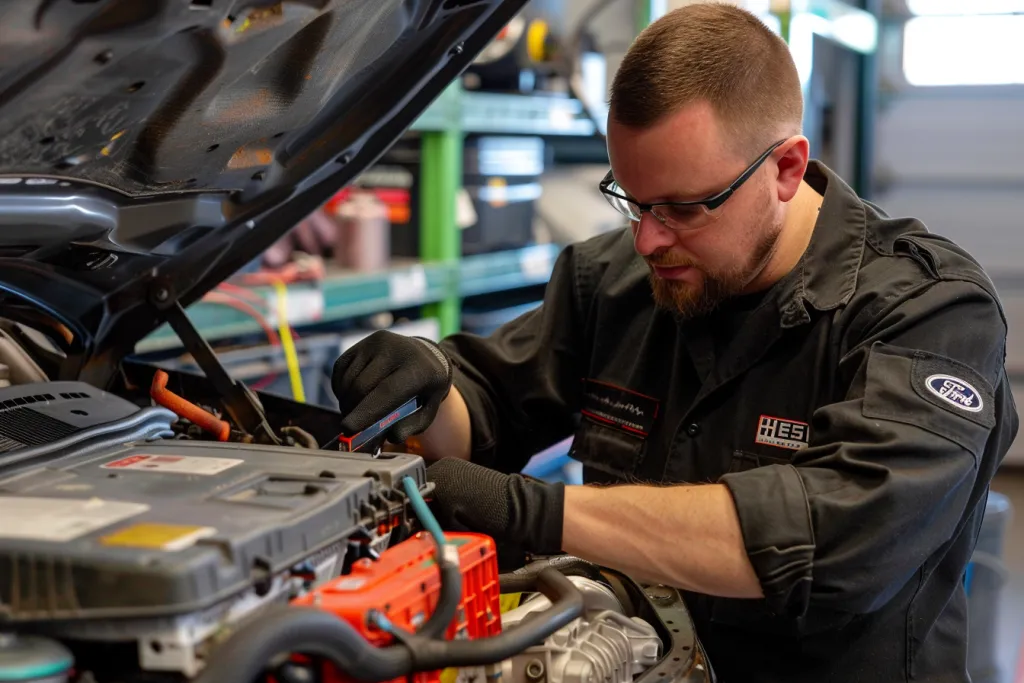 Ein Foto eines Automechanikers, der an der Batterie seines Autos arbeitet