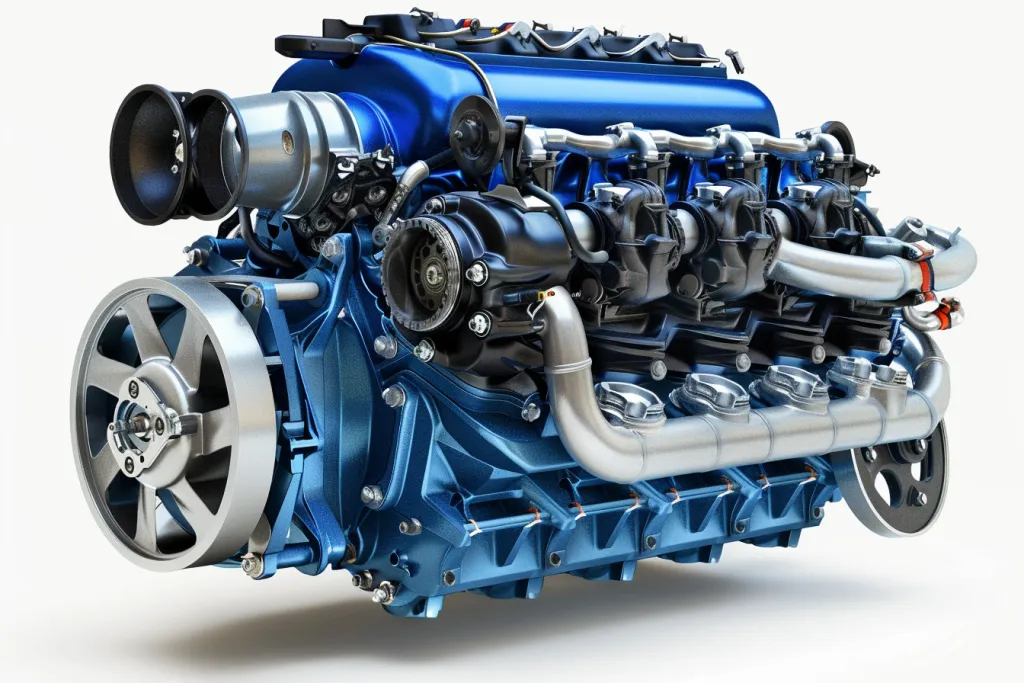 Una foto de un motor con color azul y carrocería plateada.