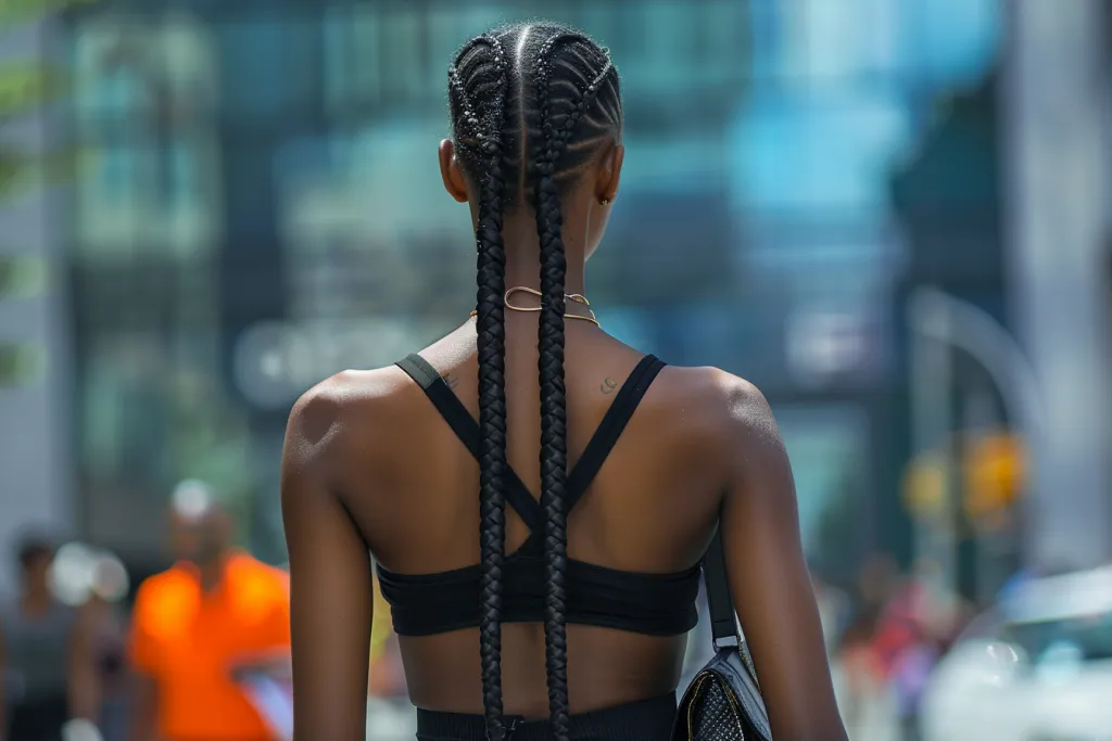 A photo of the back view of an athletic black woman