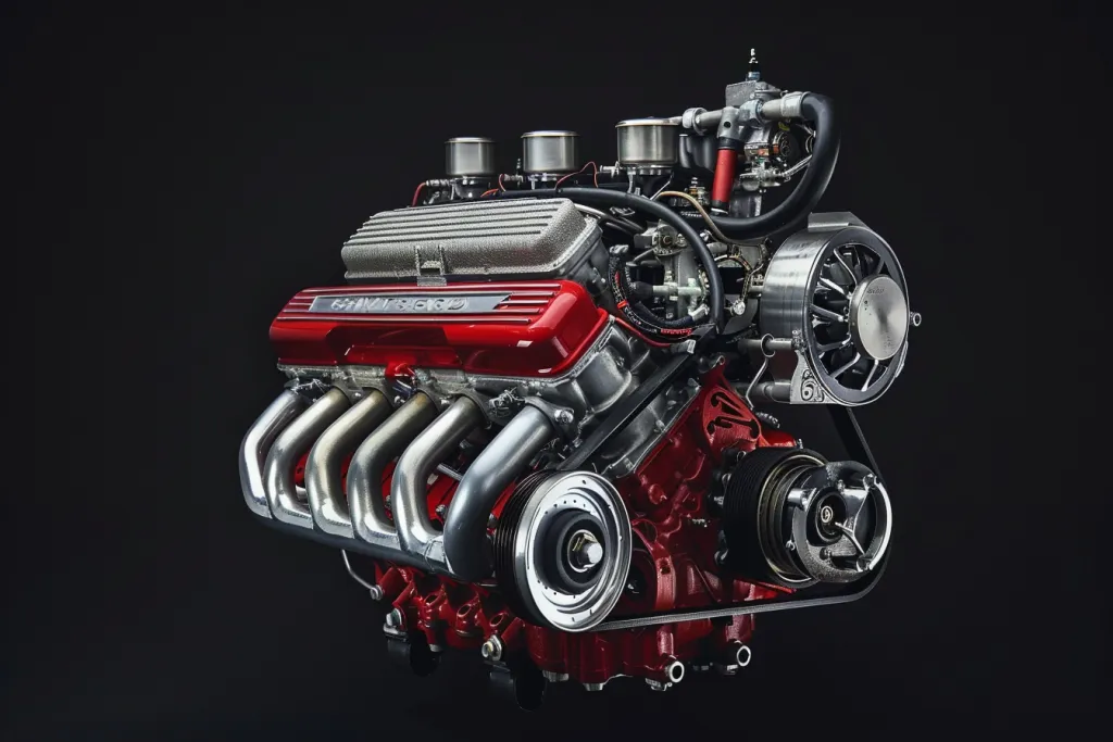 A photo of the powerful 672 cubic inch V8 engine from an American car