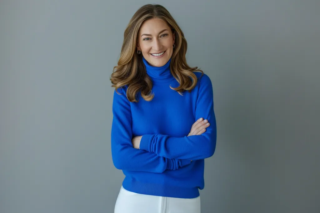 A prominent woman wearing a bright blue cashmere turtleneck sweater
