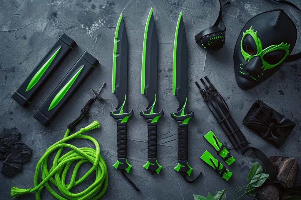 Satu set pisau lempar dengan gagang hijau dan bilah hitam