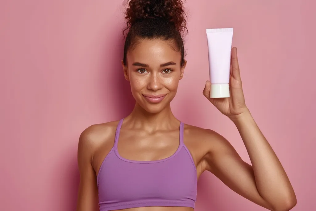 A woman in her late thirties is holding up a white elongated tube of cream