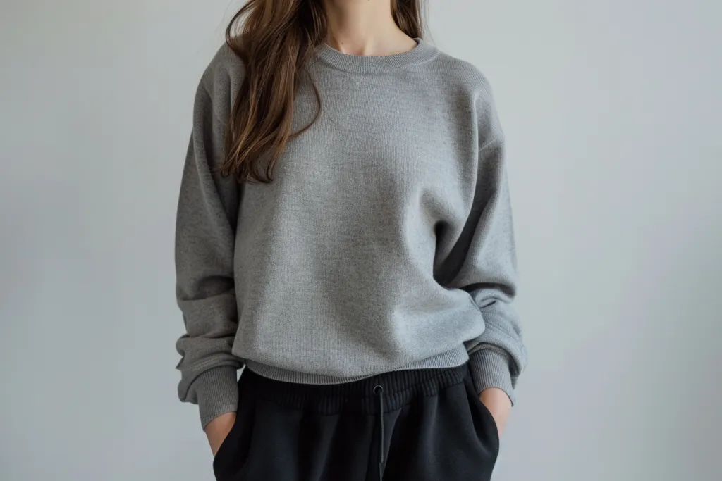 A woman wearing a grey cashmere crewneck sweater