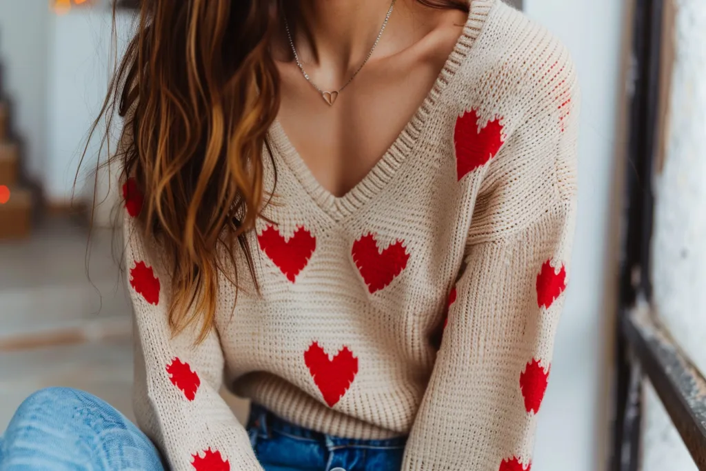 Una mujer con un conjunto que incluye un suéter beige con cuello en V.