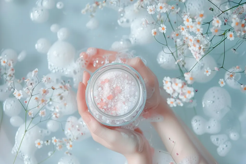 La mano de una mujer sostiene un frasco de vidrio con sal rosada y polvos faciales cuidadosamente