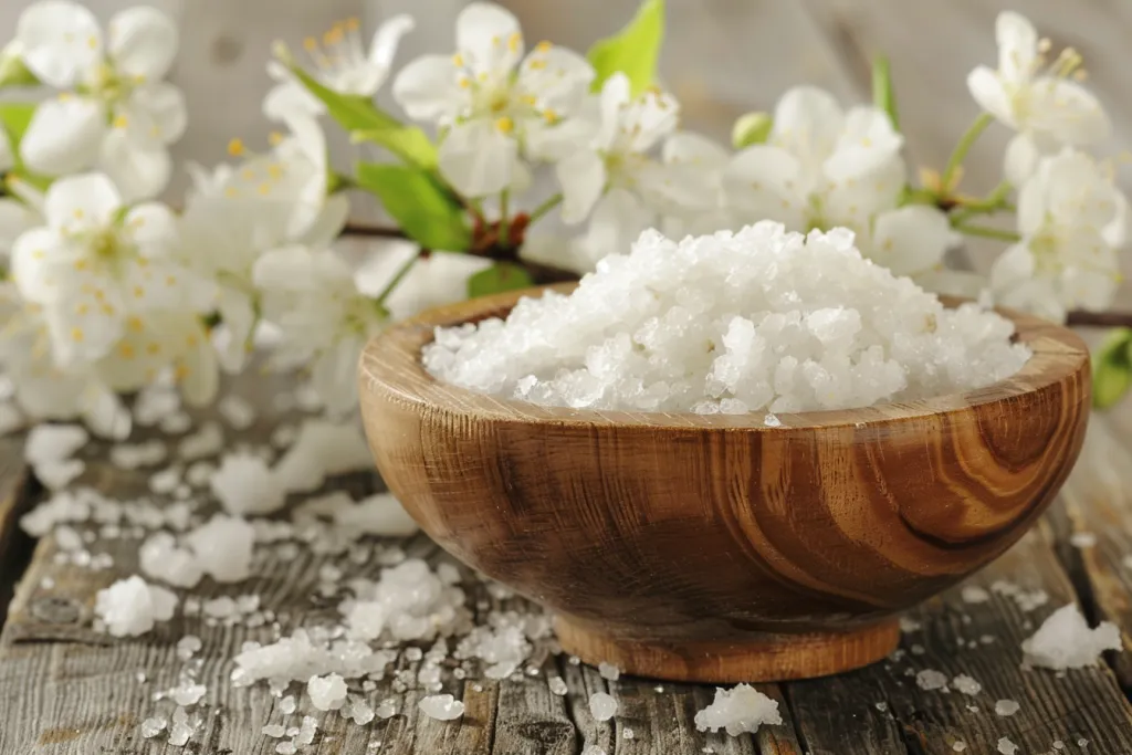 A wooden bowl of sea salt on an old rustic table