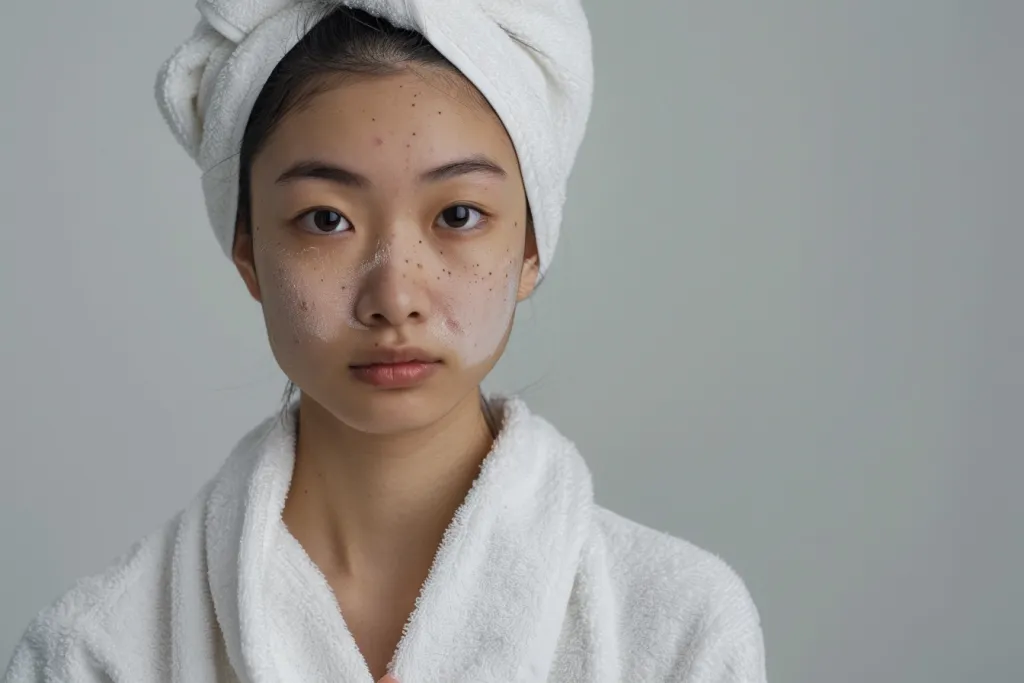 امرأة آسيوية شابة ترتدي رداءًا أبيضًا كبيرًا ومنشفة على رأسها