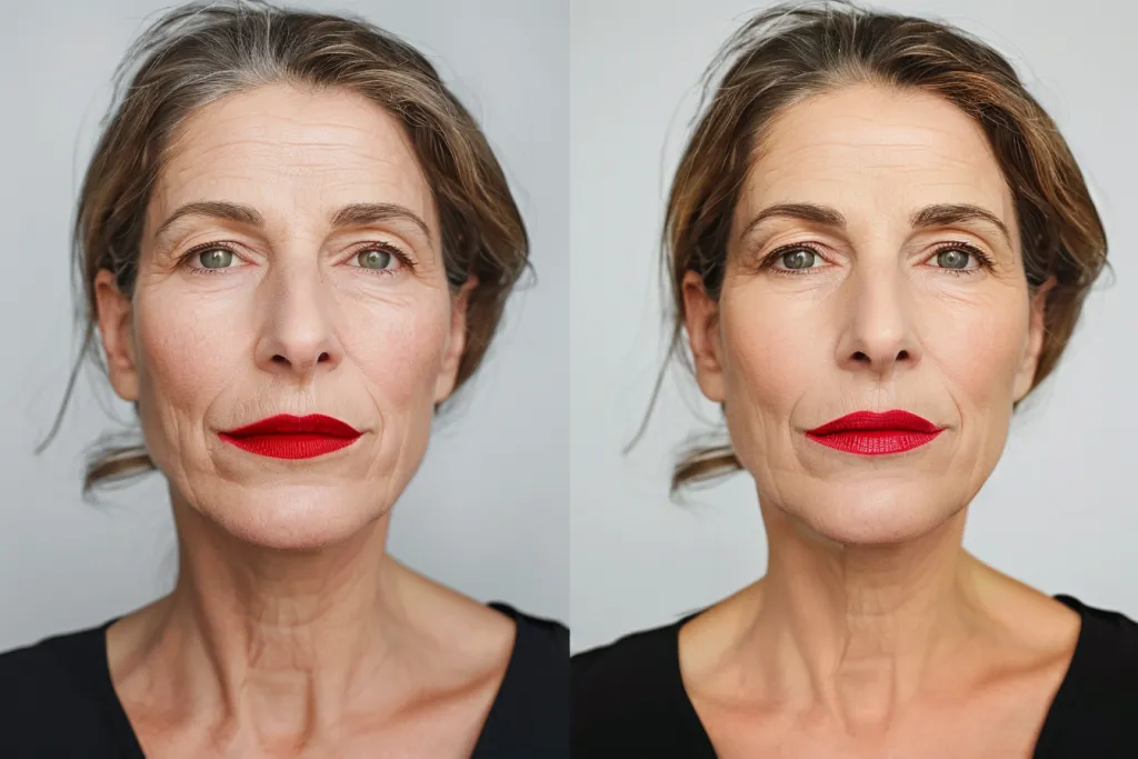 Привлекательная женщина средних лет с морщинами вокруг губ до и после использования крема.