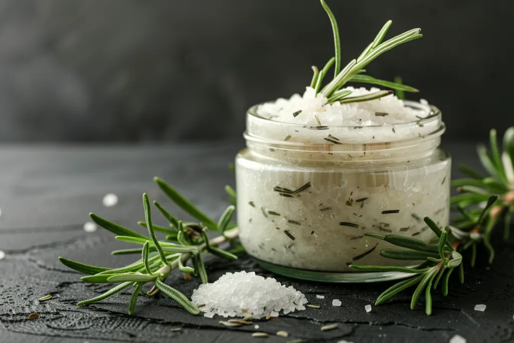 An elegant jar of rosemary salt body scrub cream, with fresh green sprigs and scattered sea salt