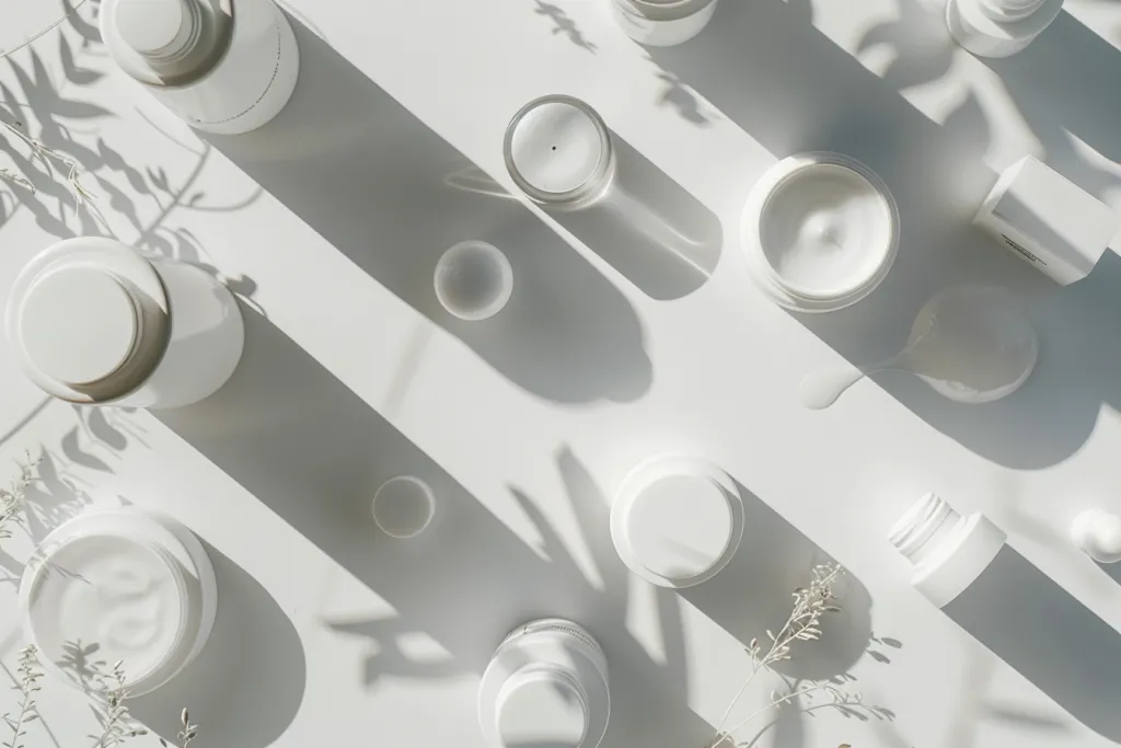 Farklı beyaz cilt bakım şişeleri ve kavanozlarının yukarıdan çekilmiş görüntüsü