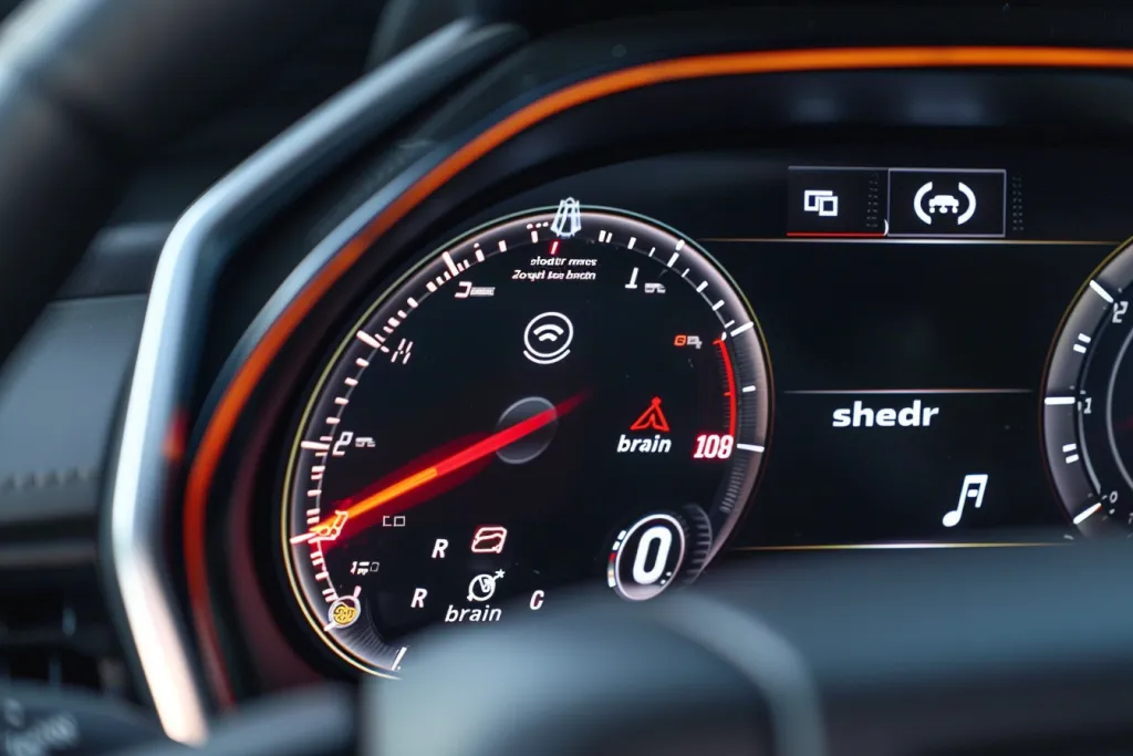 Tampilan jarak dekat dari speedometer pada mobil modern dengan nomor digital