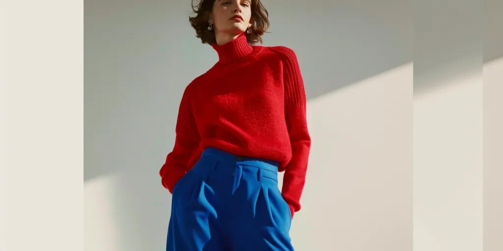 ein Bild des Models, das einen roten Kaschmirpullover trägt