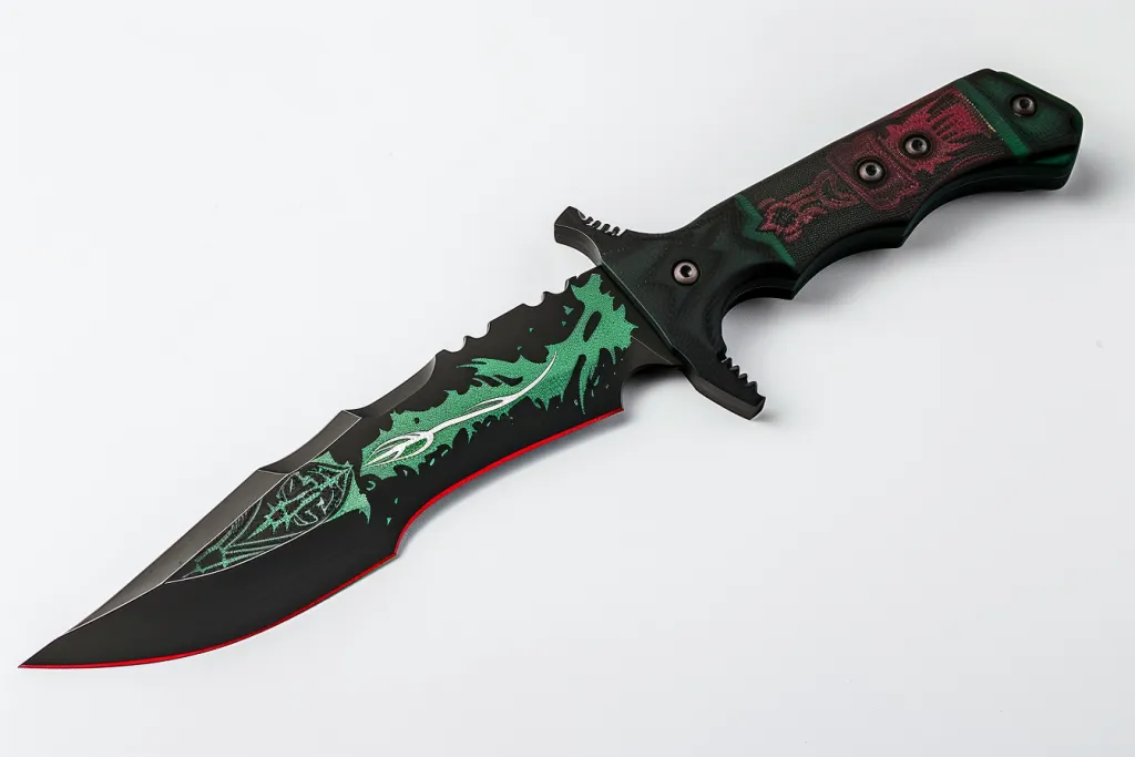 A large hunting knife with a green logo