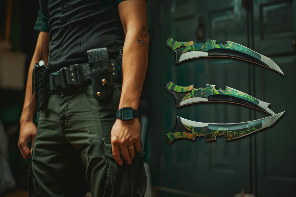 Photo of a British police officer holding green and black dual sharp blades
