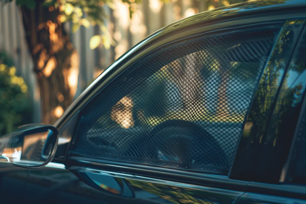 Профессиональное фото вида сбоку окна автомобиля с открытой солнцезащитной шторкой на входной двери