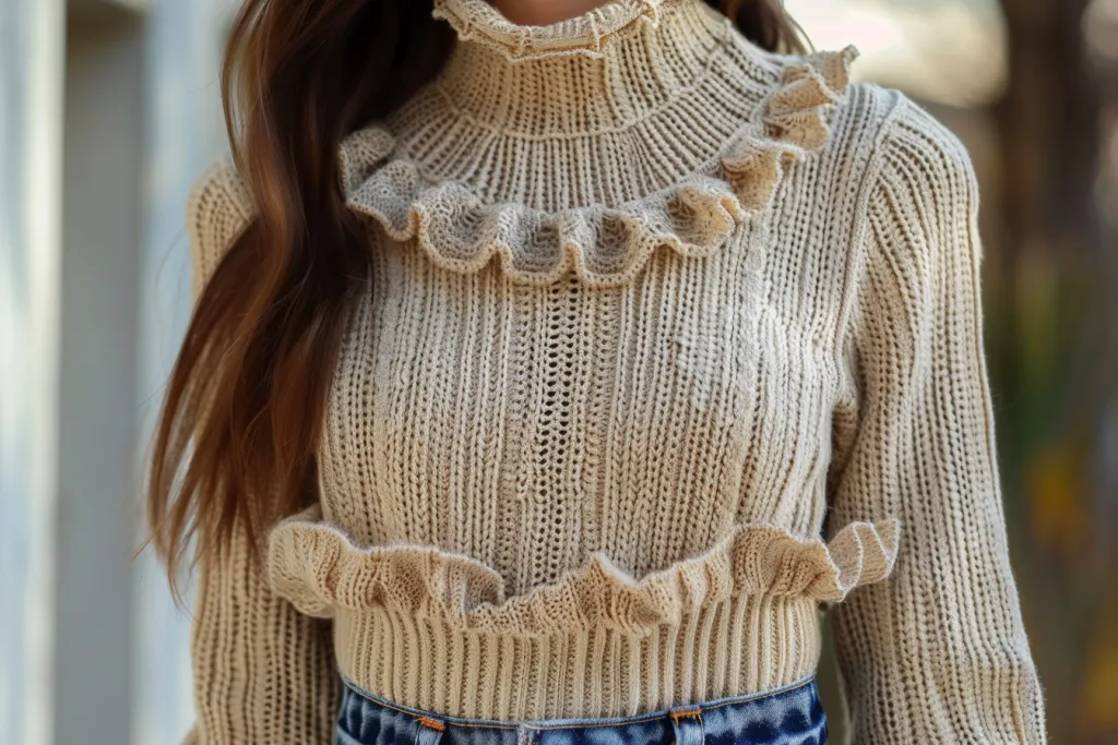 Sweater dengan kerah ruffle renda