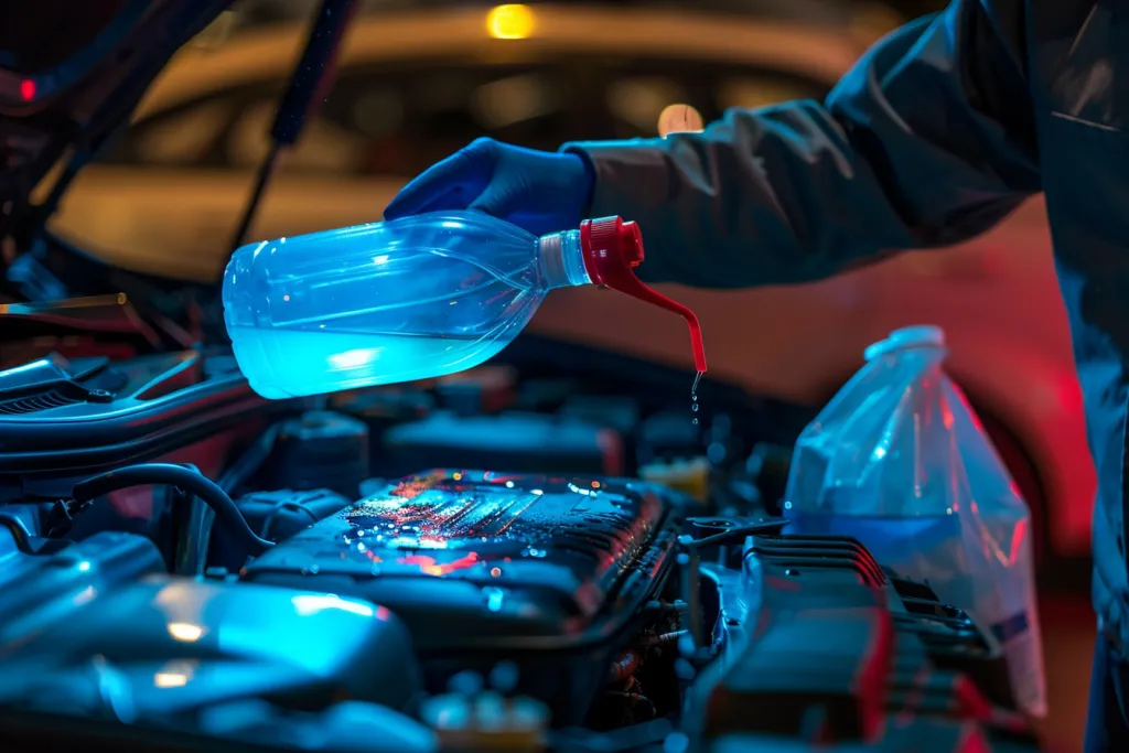 يقوم الشخص بسكب سائل أزرق مضاد للكسر في بطارية السيارة باستخدام زجاجة بلاستيكية فارغة