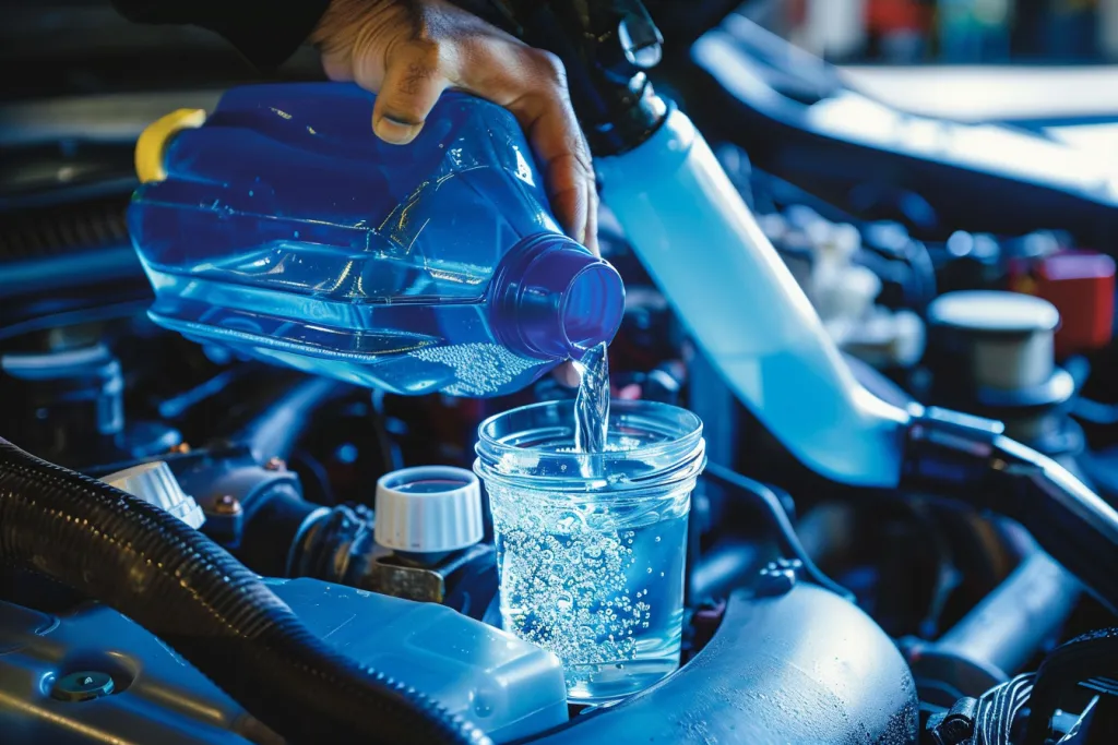 Die Person schüttet blaue Frostschutzflüssigkeit in die Frontscheiben eines Motors