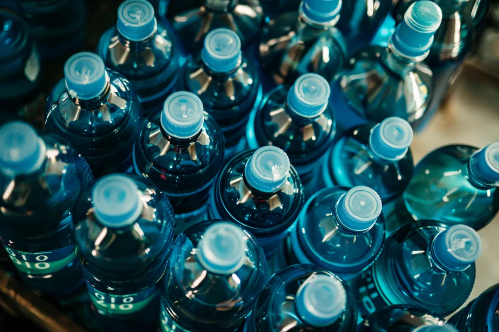 много синих пластиковых бутылок