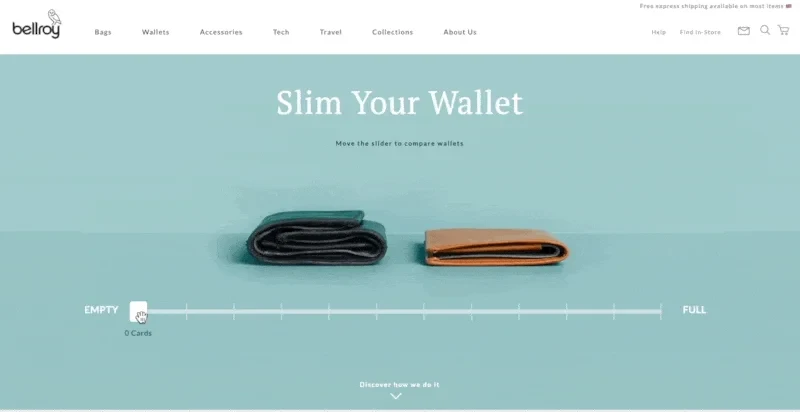 Bellroy'un web sitesinde kayan ölçek