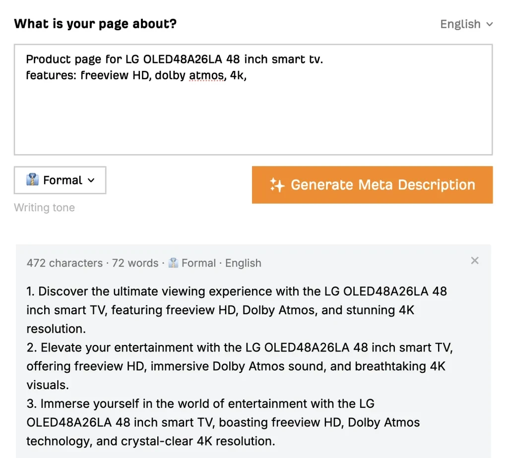 exemple de résultats de la méta-description ai gratuite d'ahrefs