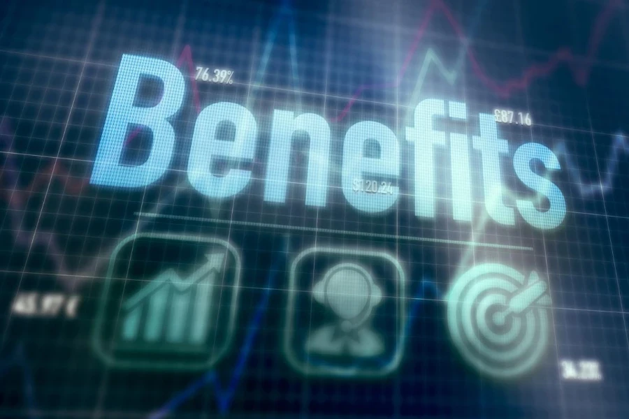 Benefits concept on a blue dot matrix computer display.