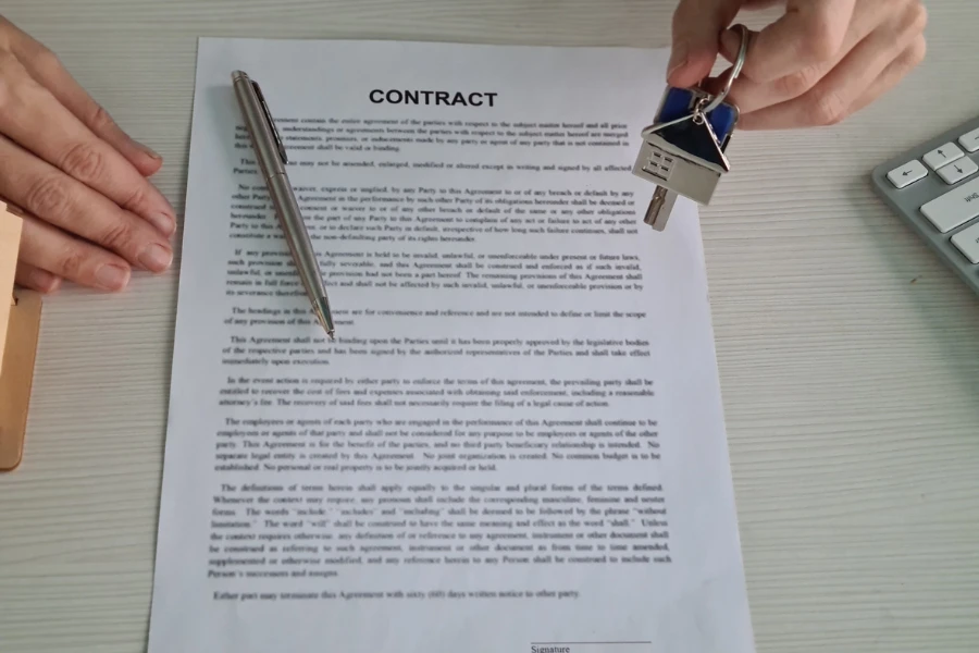 Рука арендодателя, агента по недвижимости, передает ключ от дома покупателю-арендатору.