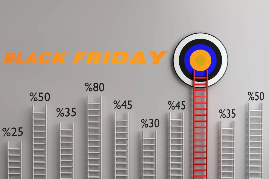 Testo arancione del Black Friday accanto a un tabellone per le freccette con percentuali di sconto.
