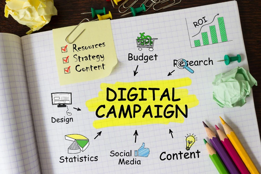 Notizbuch mit Tools und Notizen zur digitalen Kampagne