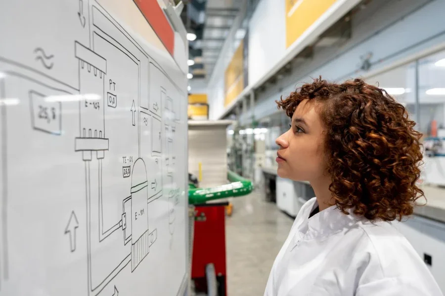 Étudiante regardant un processus sur un tableau blanc au laboratoire universitaire très concentré