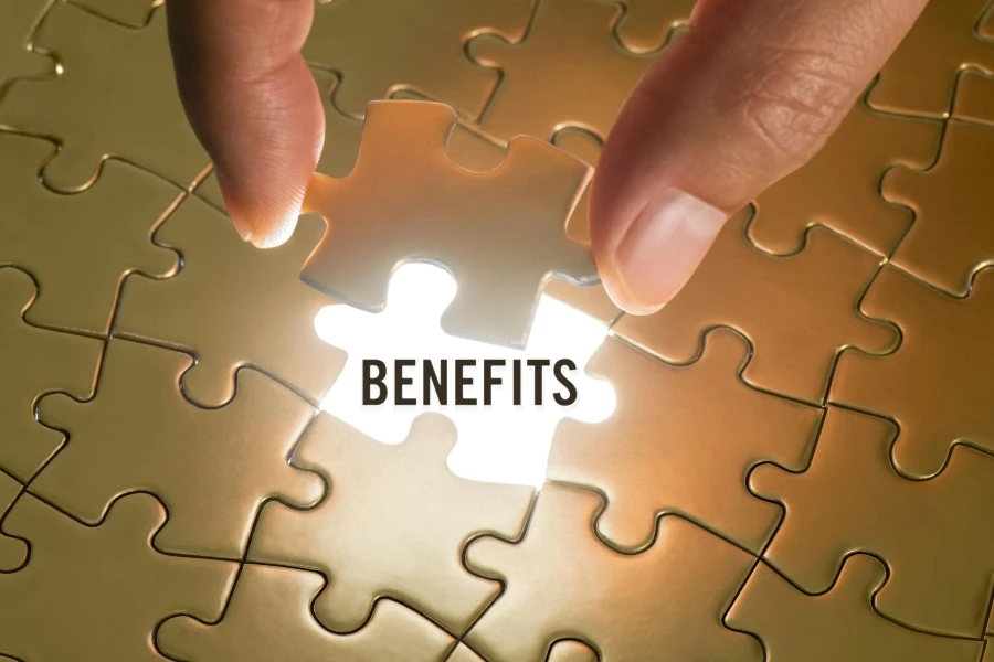 Hand holding a puzzle piece with “benefits” text underneath