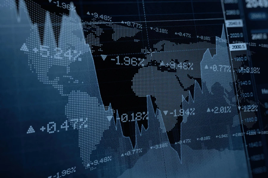 تمويل الاستثمار في سوق الأوراق المالية الرسم البياني للأعمال التجارية العالمية ولوحة شريط التكنولوجيا المالية