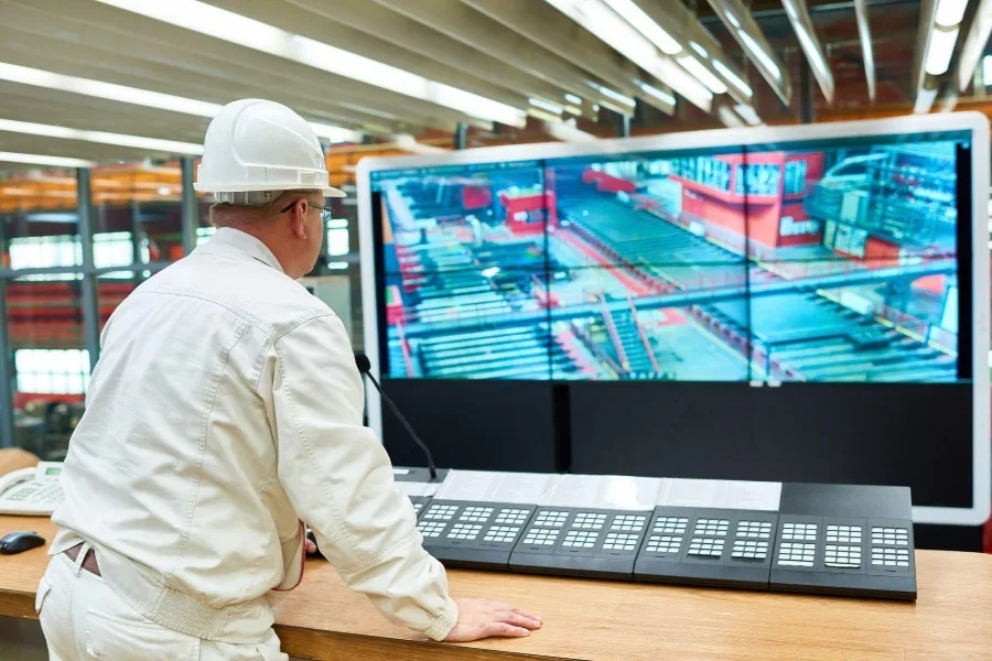 Vue arrière d'un ingénieur stationnaire occupé en uniforme observant un atelier d'usine en activité