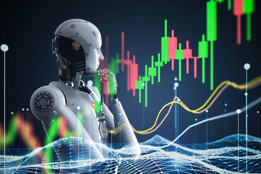 مفهوم التكنولوجيا المالية مع روبوت تقديم ثلاثي الأبعاد يقوم بتحليل البيانات الضخمة في سوق الأوراق المالية