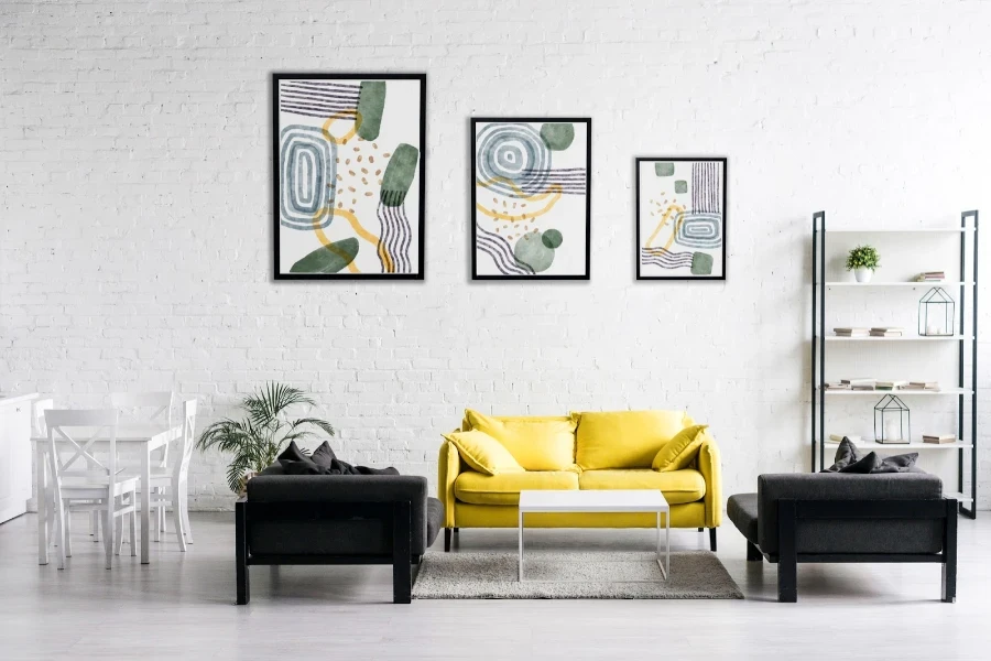 Interior of a living room with artistic posters