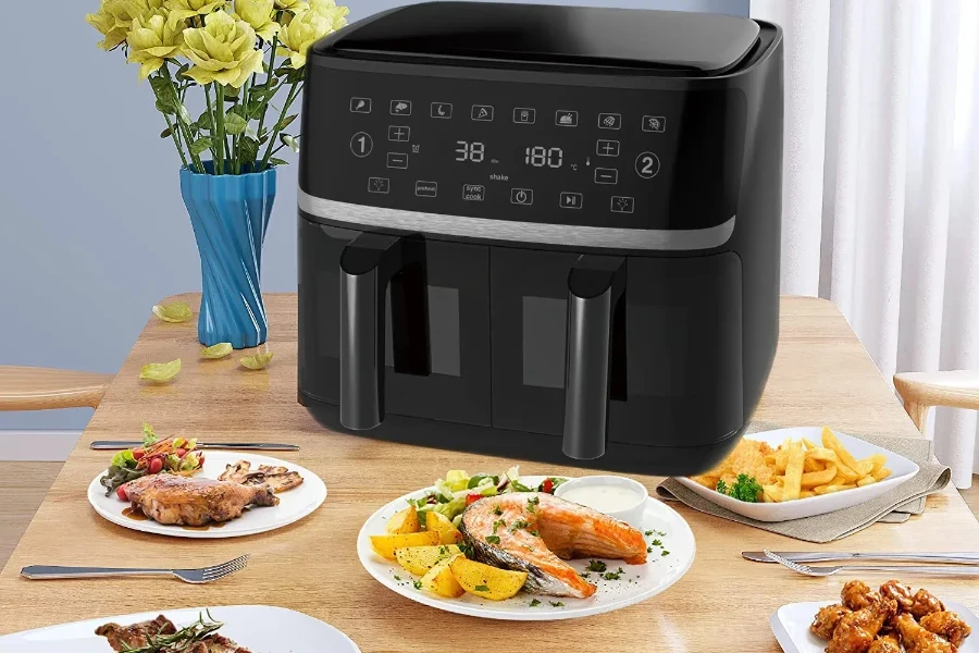 Fritadeira de ar comprimido de gaveta dupla 10L, 1700W com caixa de plástico