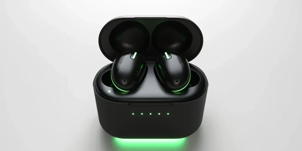 3D-gerendertes Produktfoto von schwarzen kabellosen Ohrhörern in ihrer Hülle