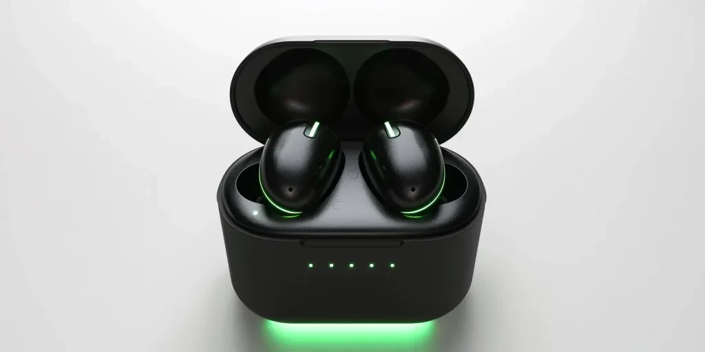 Foto produk render 3D dari earbud nirkabel hitam dalam wadahnya