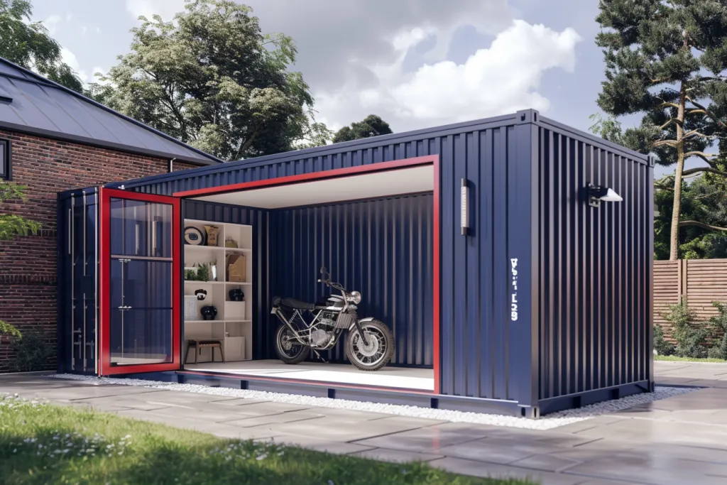 Rendu 3D d'un garage à conteneurs d'expédition bleu marine avec du rouge