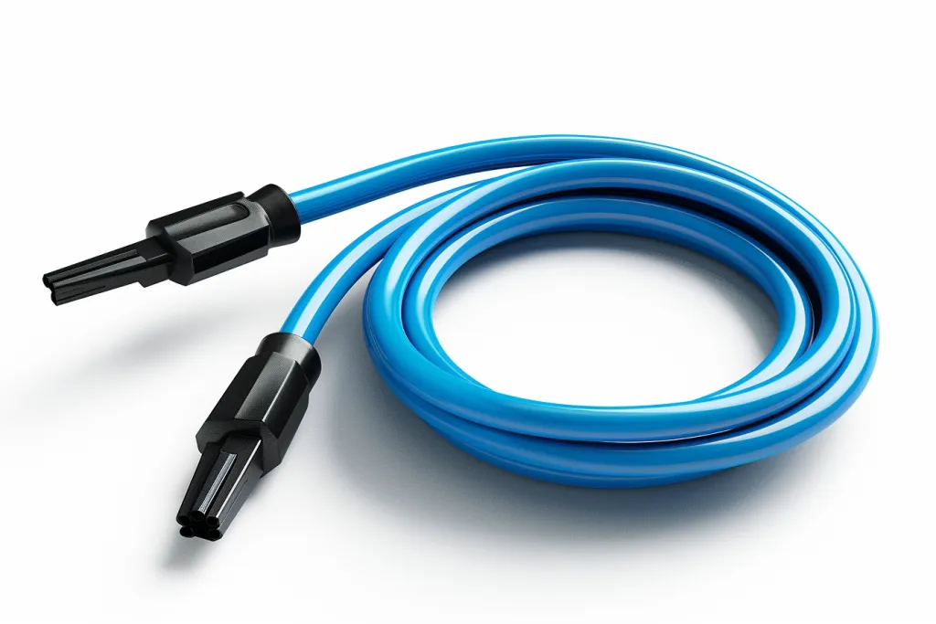 3D vector illustration of blue and black jump battery cables on a white background