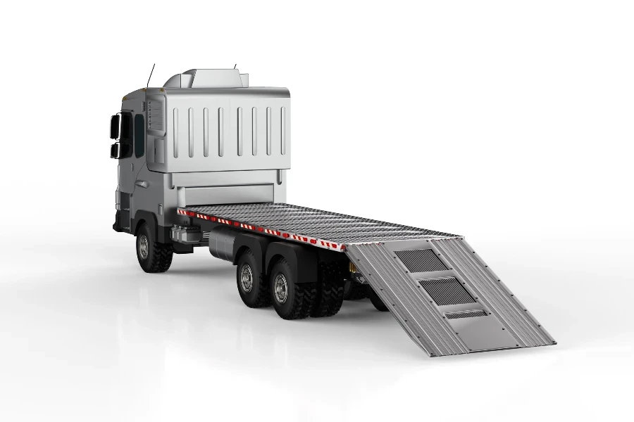 3d rendering truk trailer flatbed logistik atau truk dengan latar belakang putih