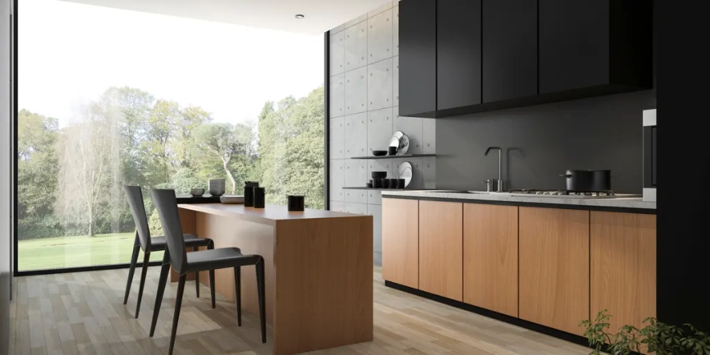 Representación 3D de cocina negra moderna con madera construida