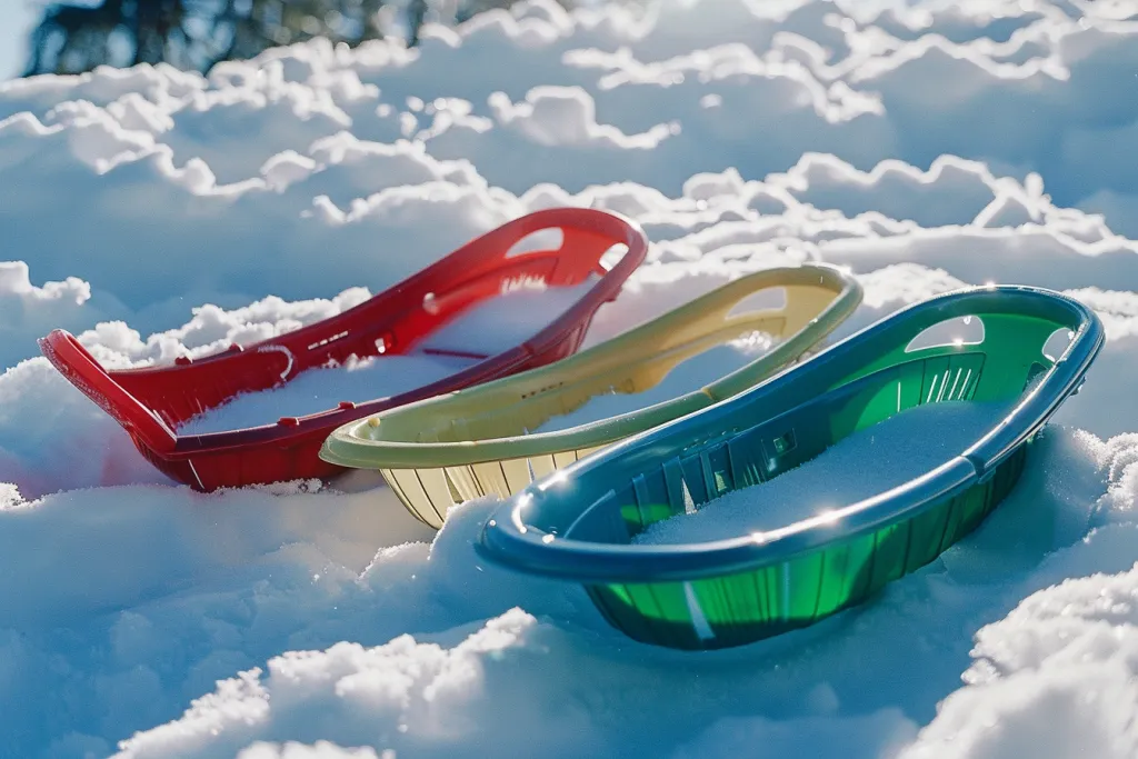4 Kunststoffschlitten liegen auf dem Schnee