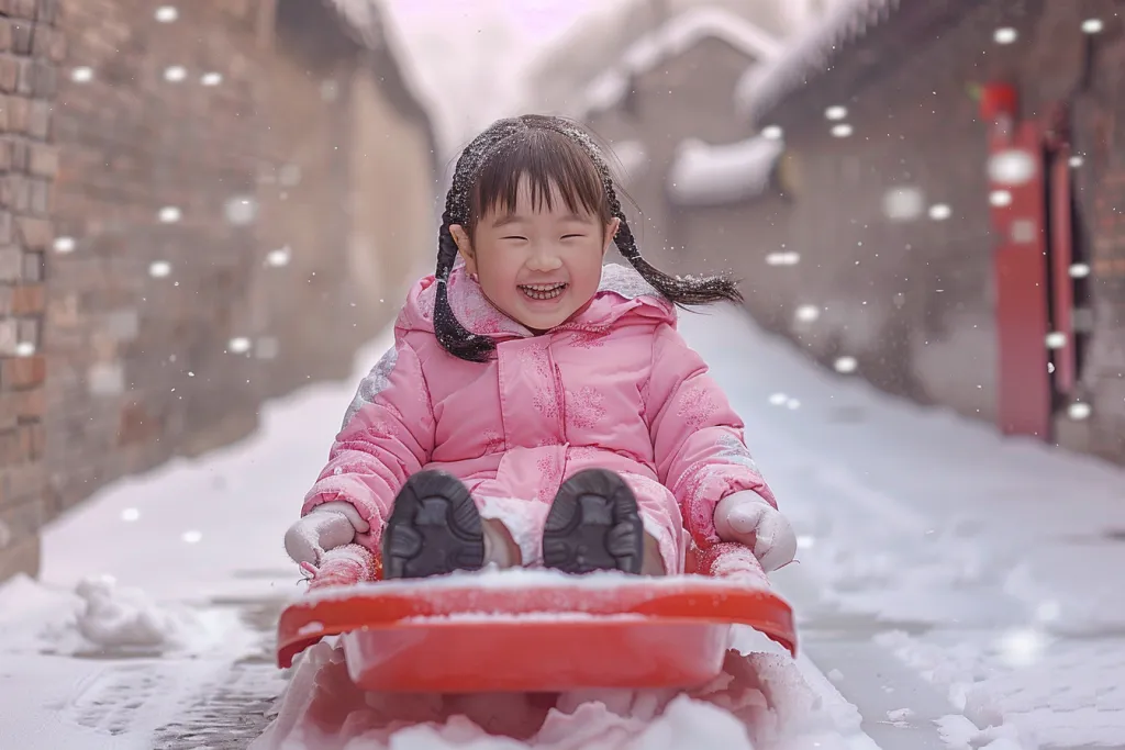 Ein chinesisches Kind im rosa Winter sitzt auf dem roten Schlitten
