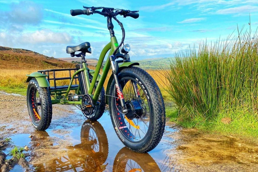 Un triciclo elettrico in un campo fangoso
