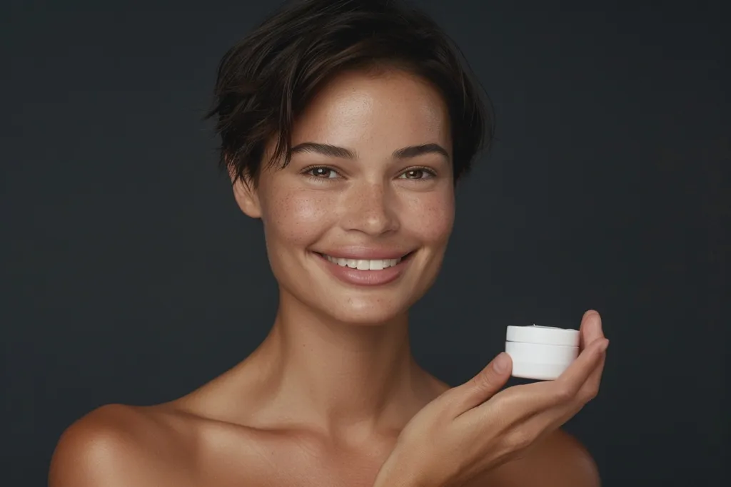 A beautiful woman is applying cream to her face with one hand