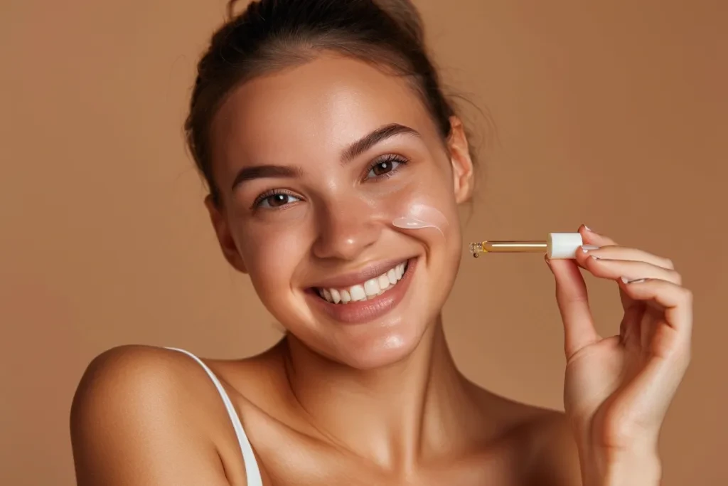 A beautiful woman is smiling and holding an dropper bottle with her right hand