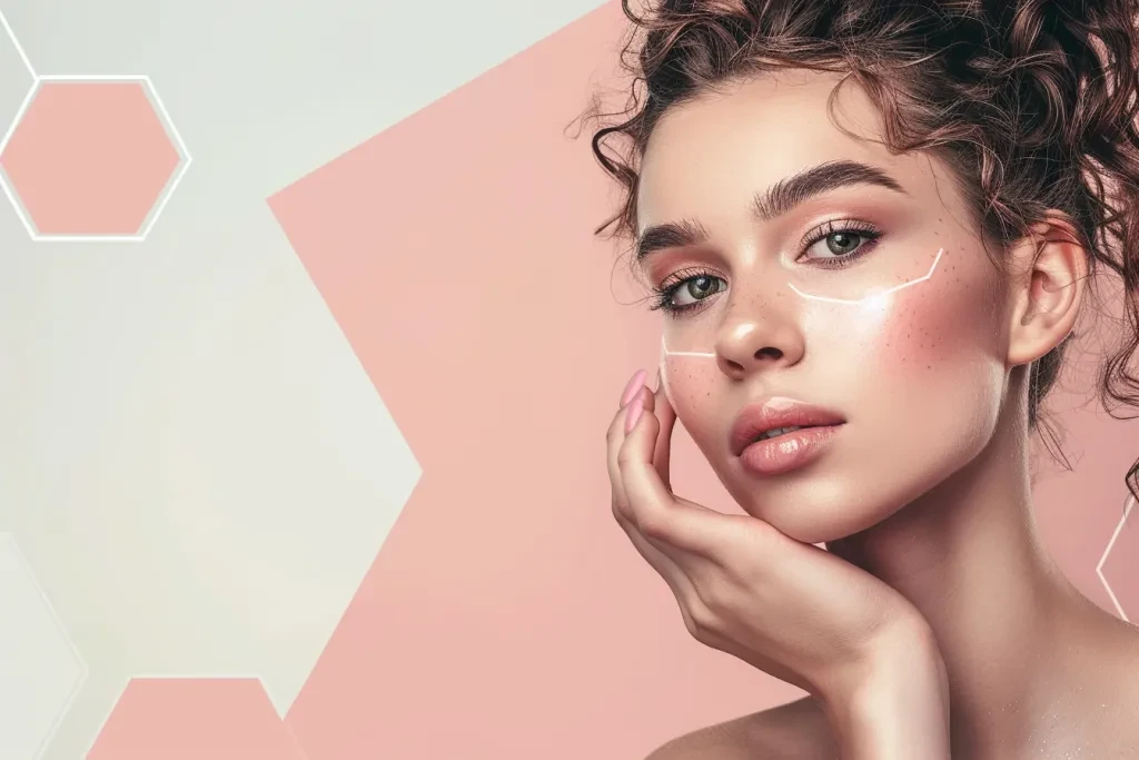 A beautiful woman touching her face with pink nails