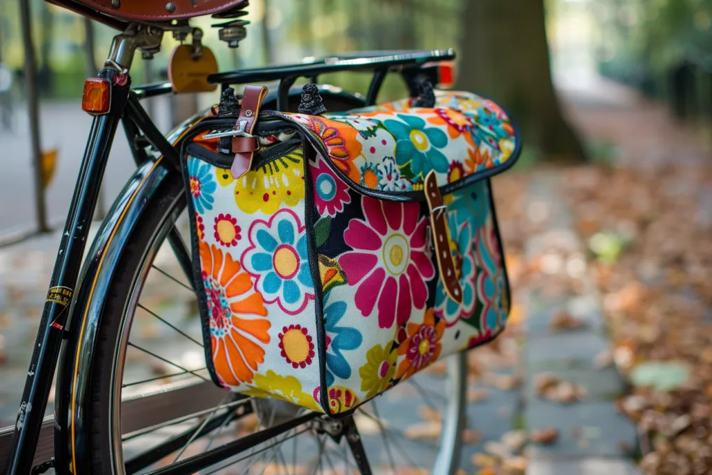 A bicycle pannier with a black frame and colorful floral patterned fabric